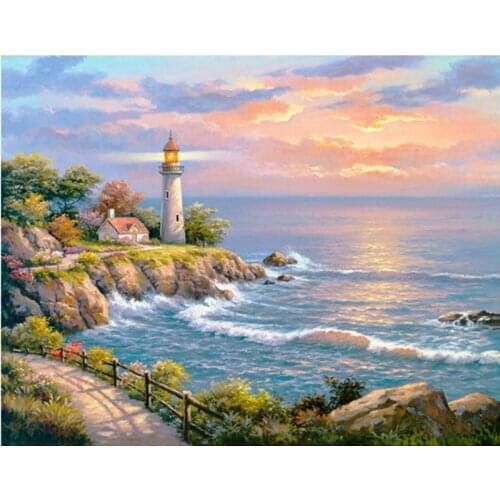 DIY 5D Diamond Painting Cross Stitch Sea Scenery Lighthouse Full Round Diamond Embroidery Landscape Kits Mosaic Home Decor