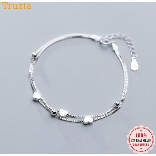 Trustdavis 925 Sterling Silver Sweet Double Layer Heart Beads 16cm Bracelet for Women Sterling Silver Weddings Day Gift DA418