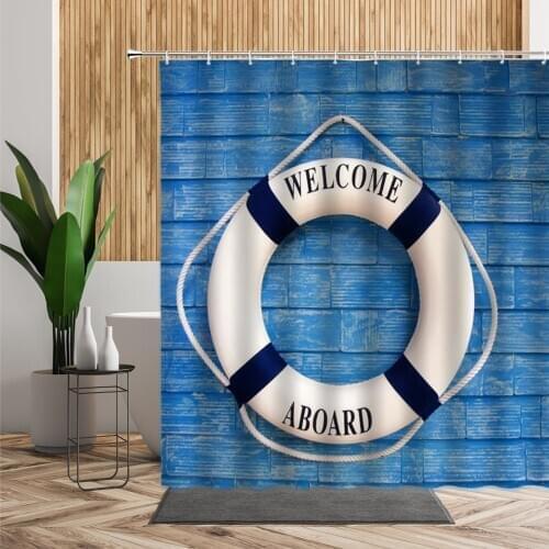 Wooden Stripe Shower Curtain Bathroom Decor Lifebuoy Wood Backdrop 3D Waterproof Printed Fabric Bath Room Curtains Set With Hook
