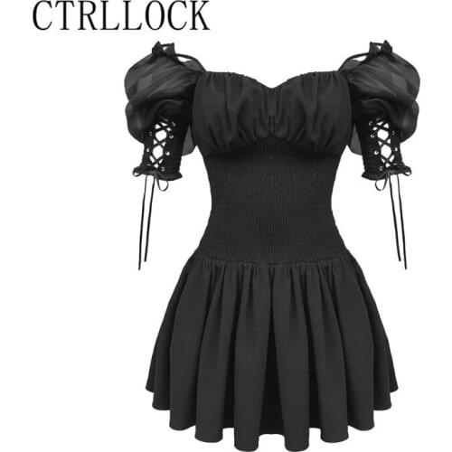 CTRLLOCK Gothic Slash Neck Puff Sleeve Dress Women Lace Up Cuff High Waist Chiffon Elastic Dresses Female Vestidos
