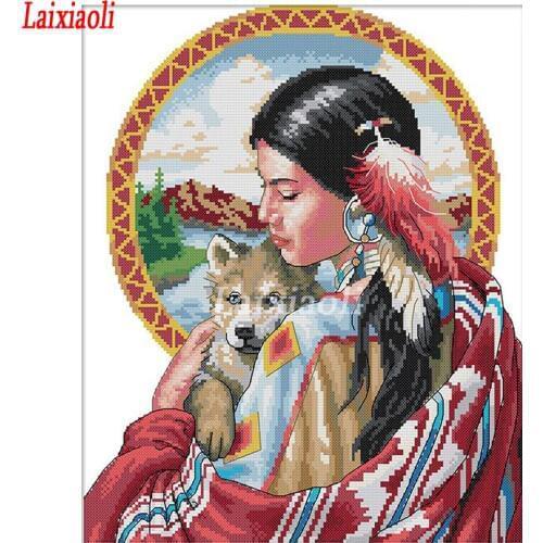 Beautiful Indian girl diamond mosaic Wolf disaster Cross Stitch Kits rhinestone Embroidery painting diamond painting full drill