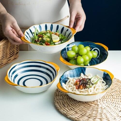 Creative Japanese-style tableware machine-printed underglaze ceramic dish 8.5 inch double ear round baking pan deep dish dish