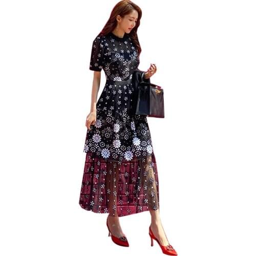 Summer elegant Small daisies Dress Women Short Sleeve O-neck Floral Mesh Long Maxi Dress Vestidos Evening Party Dress black