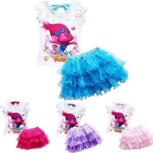 Fashion Kids Clothes Girls Anime Trolls T-shirt+Skirt 2pcs Birthday Party Costume Summer Dress Mia Cartoon Short Sleeve Outfits