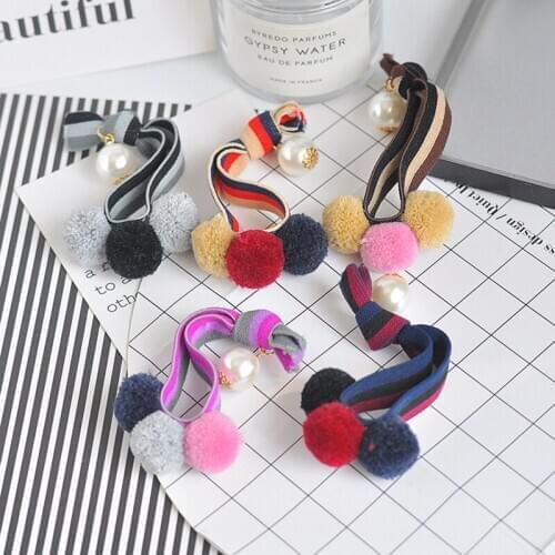 Fashion Striped Wide Elastics Hair Bands Holders Rubber Bands Girls Women Headwear Cute Tie Gum 3 Balls Pearls Accessories