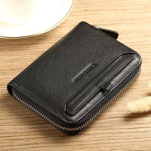 ManBang Brand Mens Wallet Genuine Veg-tanned Leather Zipper Top Layer Leather Vertical Purse Soft Multifunctional Fashion