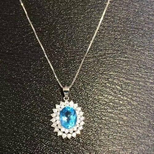 Natural blue topaz gem pendant S925 silver Natural gemstone Pendant Necklace trendy classic Diana round women girl gift jewelry
