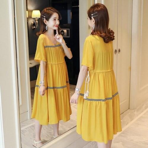 New Maternity Clothes Short Sleeve Drawstring Waist Lace Patchwork V-neck Pregnant Woman Chiffon Dress Pregnancy Loose Dress