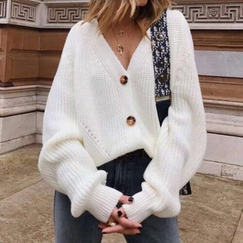 Autumn Women Knitted Sweater Casual Long Loose Sleeves V Neck Solid Color Button Streetwear Ladies Solid Color Coat