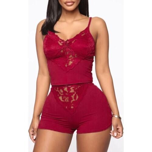 Hirigin 2021 Sexy Home Pajamas Set 2 Pieces Nightwear Women Solid Color Lace Sleepwear V-Neck Sleeveless Thermal Underwear Sets