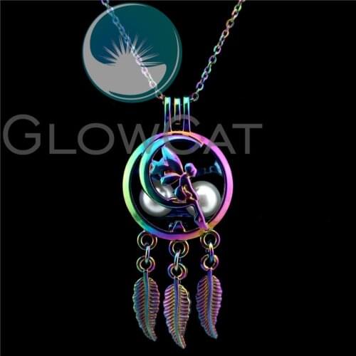 C761 Rainbow Dream Catcher Fairy Tale Angel Beads Cage Essential Oil Diffuser Aromatherapy Pearl Cage Locket Necklace Kids Girl
