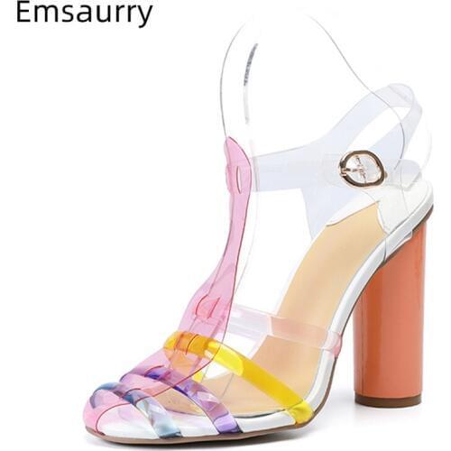 Jelly Color Iridescent PVC Gladiator Sandals Women Orange Round Heels T-strap Cut Out New Summer Holiday Beach Shoes Woman