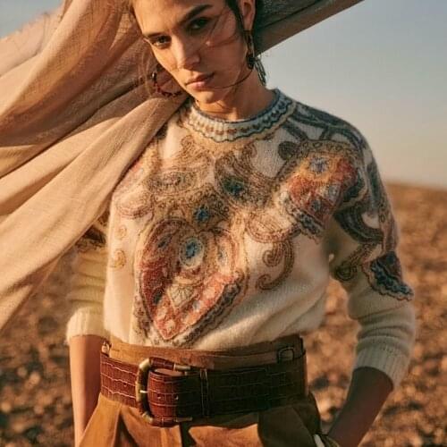 Ruelen Graphic Knitted Sweater Women 2021 Autumn Round Neck Puff Sleeve Top Women Loose Long Sleeved Oversize Sweater Female