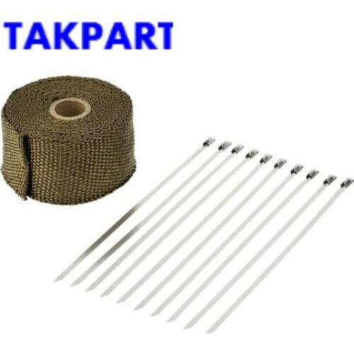 TAKPART 5m Titanium Exhaust Heat Wrap Roll Cable Pipe With 10 Stainless Ties Kit