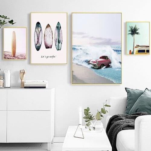 Tropical Sea Palm tree Wall Art Bus Landscape Canvas Poster Nordic Motivational Prints Painting Wall Picture for Living Room