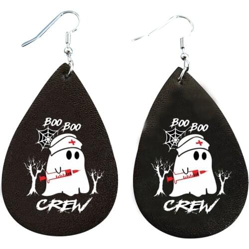 Stock Boo Boo Halloween Happy Fall Theme Earrings- Faux Leather Teardrop Earrings Double Print Wholesale New