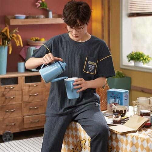 Spring Summer Cotton Short Sleeve Mens Pajamas Set Casual Striped Pajama For Men Sleepwear Sets Suit Print Homewear Plus Size