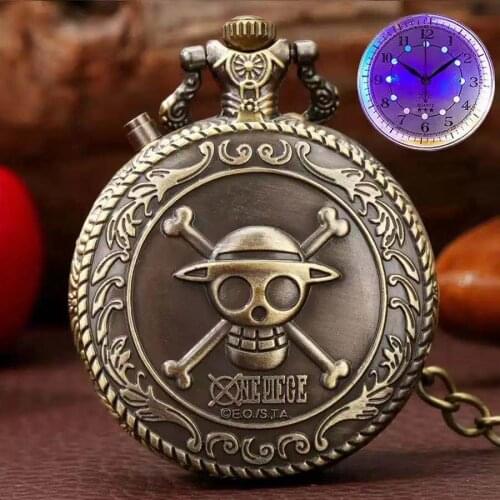 Vintage Bronze Pirate Skull One Piece Pocket Fob Watch Quartz Steampunk Necklace Men Women Cool Pendant Retro
