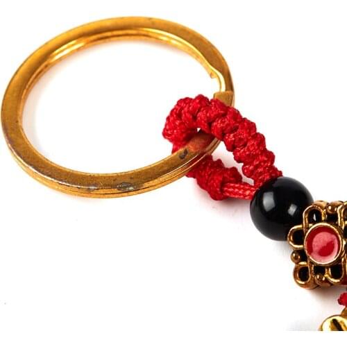 Vintage Brass Money Bag Keychain Pendant Handmade Rope Lucky Feng Shui Hanging Jewelry Ancient Five Emperors Coins Car Key Chain