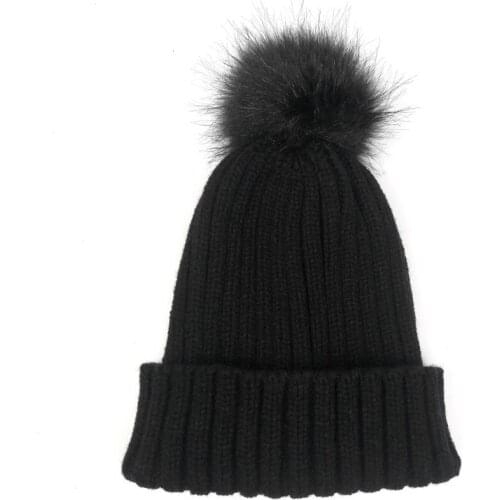 Adult Faux Fur Pom Pom Ball Knitting Hat Winter Solid beanies Hats For Women Elastic Warm Skullies Cap