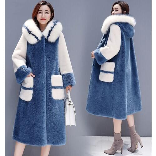 High Quality Long Warm Latest Winter Female Sheepskin Coats Pure Color Fox Collars Faux Furs Big Yards Cashmere Coat D191014