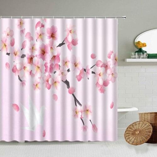 Pink Cherry Blossom Peach Blossoms Shower Curtain White Background Girl Bathroom Waterproof Polyester Cloth Screen With Hook Set