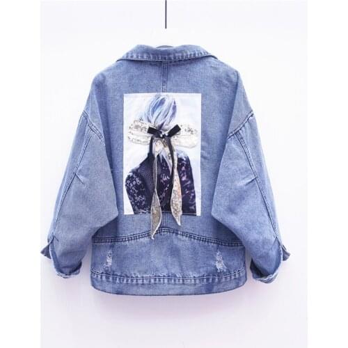 Streetwear Style Print Womens Denim Jacket Coat sequins Hole BF Jeans Outwear Female Spring Autumn Casual Vintage Denim Outwear