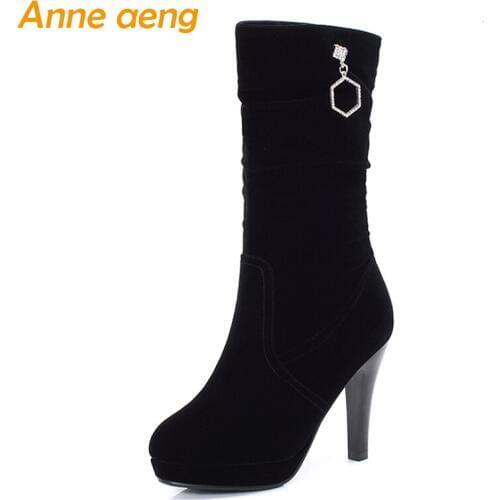 2019 New Winter Women Ankle Boots High Thin Heel Round Toe Crystal Sexy Ladies Women Platform Shoes Black Warm Short Boots