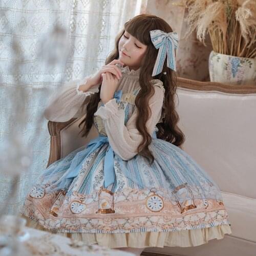 Womens Light Blue Printing Gothic Lolita Dress Summer Kawaii JSK Dress Elegant Lolita Shirt Halloween Lolita Tea Party Dress