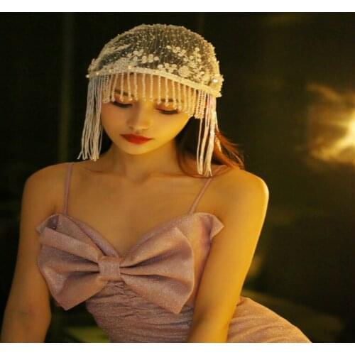 Womens Party Decoration Bridal Tassel Cap Yarn Heavy Handmade Crystal Hat Hair Accessories DanceHeaddress halloween decoration