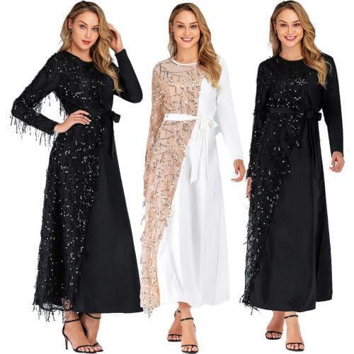 Sequin Women Muslim Abaya Dress Prayer Patchwork Moroccan Kaftan Islamic Vintage Ladies Long Robe Turkey Dubai Clothing Gown New