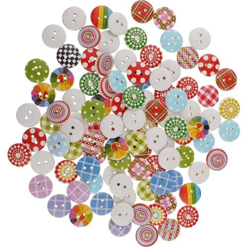 100pcs 15mm Polka Dot Plaid Buttons Wood Buttons 2 Holes for Sewing Craft