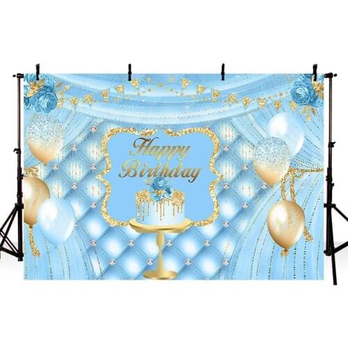 Avezano Photography Backdrops Happy Birthday Cake Smash Flowers Balloon Blue Backgrounds Photo Studio Photozone Photocall Decor