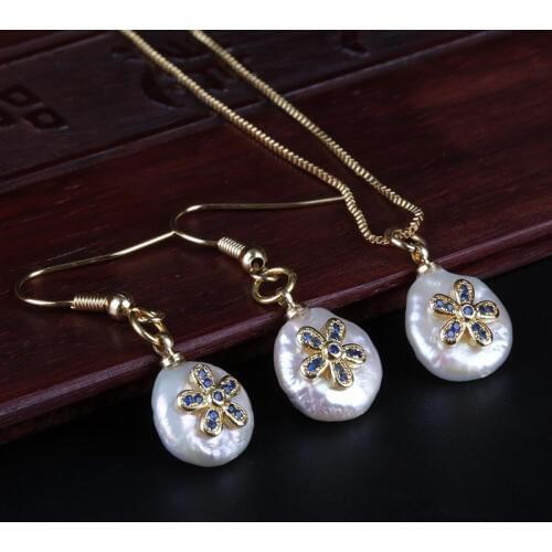 Tiny gold navy blue cz zircon flower charm beads coin freshwater pearl chic drop earring choker necklace jewelry set for women