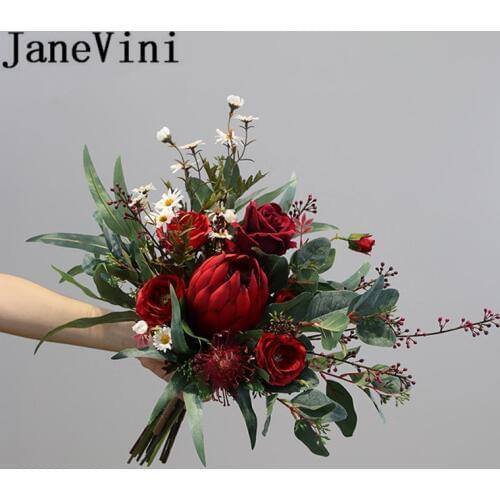 JaneVini Red Emperor Flower Burgundy Peony Roses Wedding Bouquet Fleur Mariage Vintage Bride Artificial Flowers Bridal Bouquets