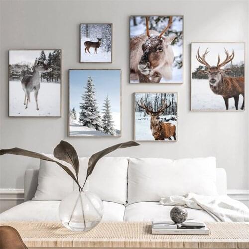 Winter Deer Yak Canvas Painting Nordic Nature Landscape Poster And Print Animal Wall Art Picture Scandinavian Living Room Decor