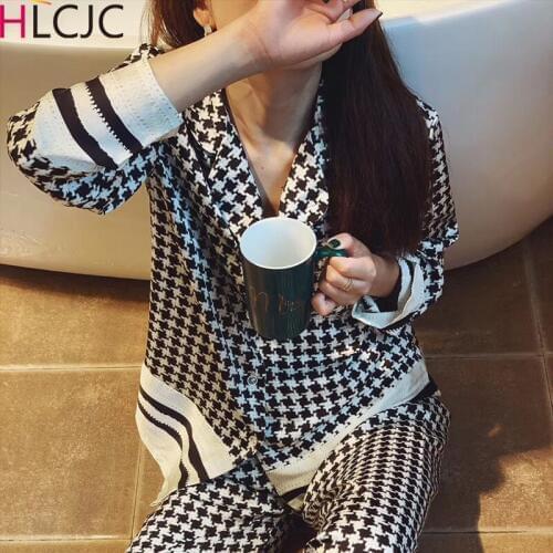 Classical Houndstooth Pyjamas Women 2020 New Summer Pijamas Set Silk Stain Sleepwear Pajamas for Women Pijama Feminino Pyjama