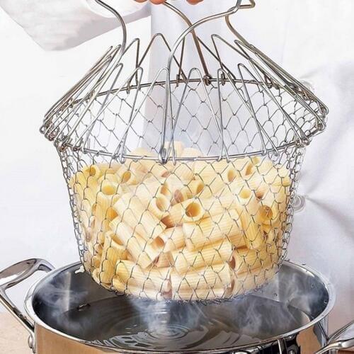 Free Shippin Chef Basket,Stainless Steel Foldable Steam Rinse Strain Fry Basket Strainer Net Kitchen Cooking Tool for Fried Food