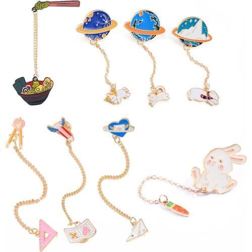 Metal Chain Series Enamel Pins Planet Cat Horse Rabbit Airplane Love Letter Book Pen Brooches Shirt Collar Pin Jewelry For Women