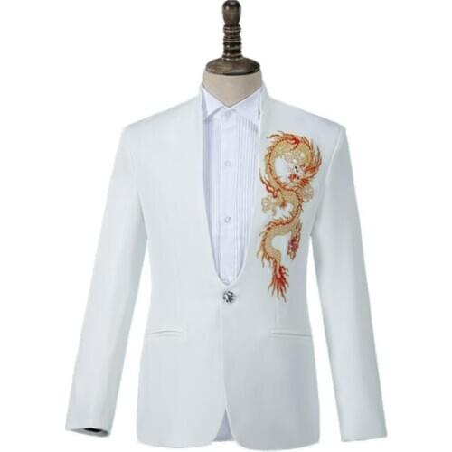Blazer men formal dress latest coat pant designs marriage suit men singer stage Stand collar embroidery dragon suits mens white