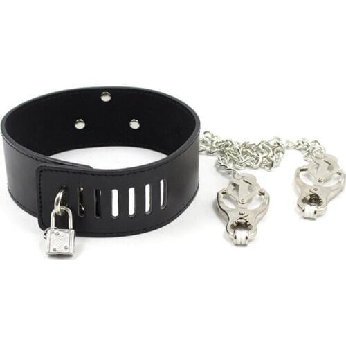 BDSM Collar with Butterfly Breast Nipple Clamps PU Leather Slave Women Collar Fetish Bondage Restraints Erotic Toys Sex Tools