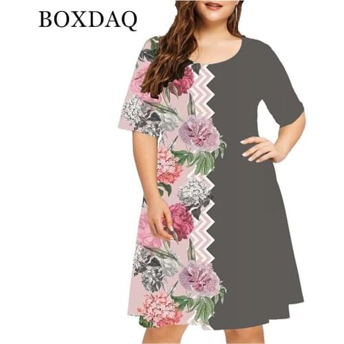 4XL Casual Summer Dress 2021 Women Boho Flower Print Dress Short Sleeve Fashion O-Neck Ladies Patchwork Loose Dresses Plus Size