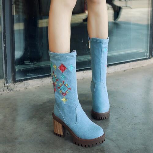 PXELENA Hot Denim Boots Women Embroider Chunky Block Square High Heels Mid Calf Boots Ladies Shoes Round Toe Comfort Shoes 34-43
