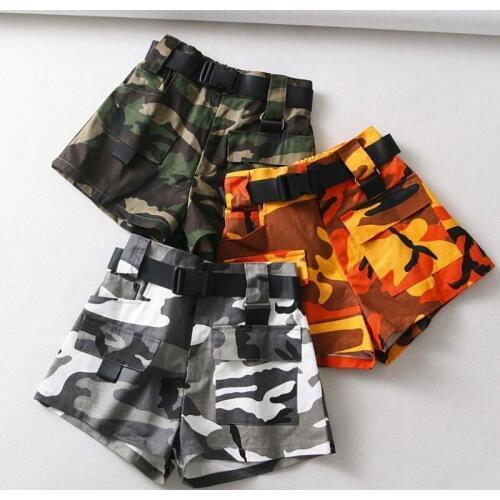 2021 cotton high waist sexy slim micro-elastic camouflage shorts loose casual belt hot shorts tooling shorts female W407