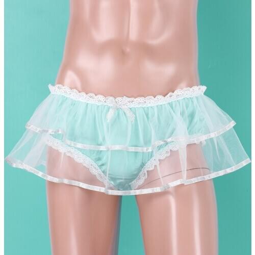 Mens Sissy Costumes Briefs Smooth Satin Lingerie Mid Rise with Elastic Waistband Double Mesh Layers Lace Trim Underwear Panties