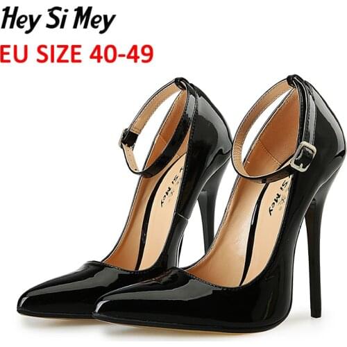 Women shoes Pump large size 40-49 high heel 13cm super high pointed stiletto Ankle Strap wedding shoes Elegant glossy shoes