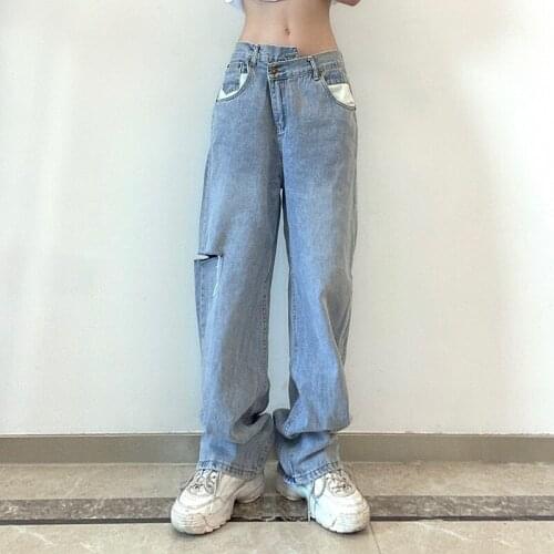 Vintage Asymmetrical Waist Hole Straight Jeans Womens Loose Denim Pants 2021 Casual Wide Leg Pants Streetwear Mom Jeans