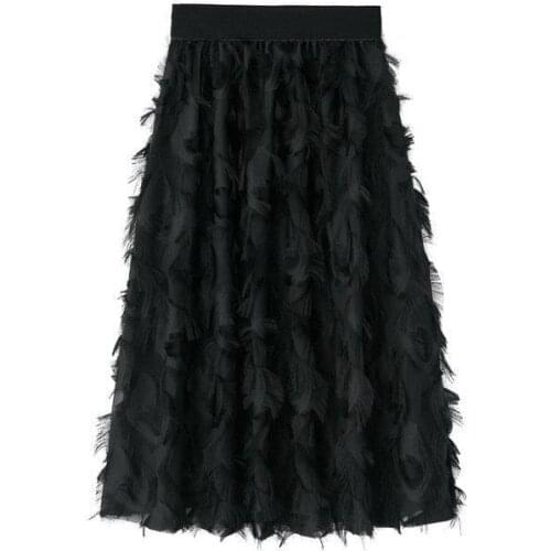 Fairy Long Skirt Women Korean Elastic Waist Pleated Urban Women Feather Tassel Mid-length Big Hemline Dating Casual Skirt Femme