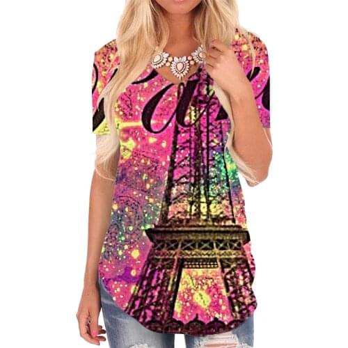 Giyu Brand Colorful T Shirt Women Paris V-neck Tshirt Art Shirt Print Womens Clothing Summer Printed Style High Quality