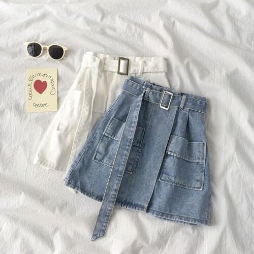 Womens Skirt Summer High Waist Skirts Womens Casual Korean A-line Mini Skirt Harajuku Minimalism Denim Skirt With Belt